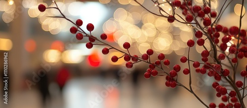 Festive winter season backdrop with decorative red berries in a shopping center highlighting holiday decorations and vibrant bokeh lights photo