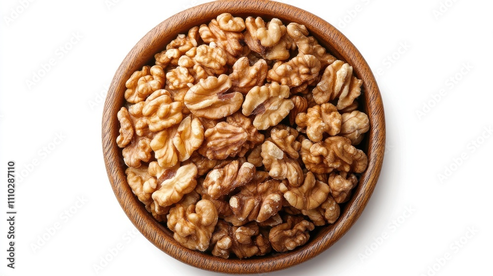 Top view of a wooden bowl filled with whole walnuts in their shells, on a clean white background, highlighting texture and natural colors, food, healthy snack, organic. Top view of a wooden bowl filled with whole walnuts in their shells, on a clean white background, highlighting texture and natural colors, food, healthy snack, organic.