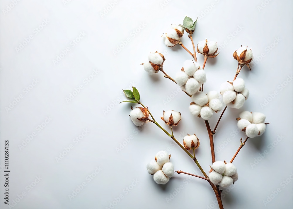 Delicate Cotton Branch with Flowers Displayed on a White Background, Perfect for Minimalist Food Photography and Floral Arrangements Delicate Cotton Branch with Flowers Displayed on a White Background, Perfect for Minimalist Food Photography and Floral Arrangements