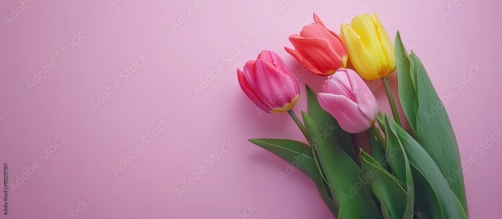 Spring Tulip Floral Arrangement for Mother's Day on Pink Background in Flat Lay Style Spring Tulip Floral Arrangement for Mother's Day on Pink Background in Flat Lay Style