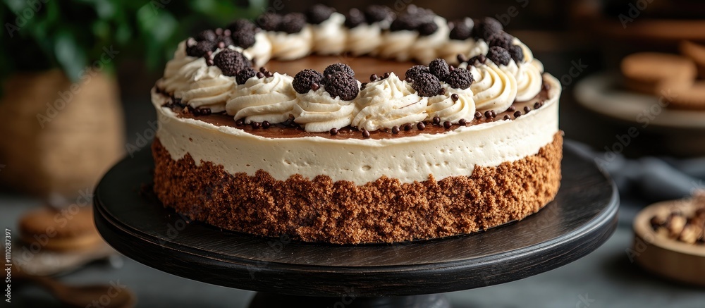 Homemade round cake with creamy frosting and cookies on a black stand surrounded by a cozy kitchen setting with selective focus Homemade round cake with creamy frosting and cookies on a black stand surrounded by a cozy kitchen setting with selective focus