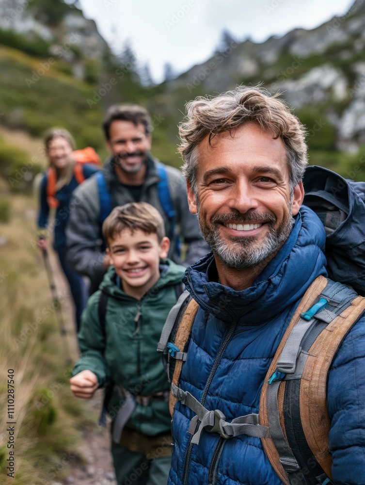 Horizontal shot of a multi-generational family with boy on the father's shoulder hiking on a mountain trail smile at the camera. Horizontal shot of a multi-generational family with boy on the father's shoulder hiking on a mountain trail smile at the camera.