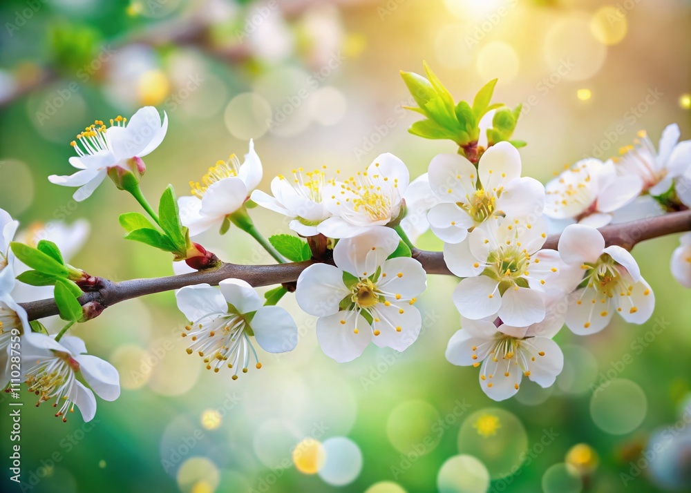 Obraz premium Delicate White Plum Blossoms in Early Spring with Bokeh Effect, Perfect for Nature Banners and Seasonal Themes, Showcasing the Beauty of Prunes in Blooming Splendor