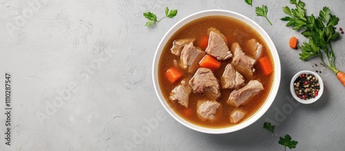 Traditional Jewish Kreplach soup featuring tender meat and carrots served in a white bowl against a subtle gray background photo