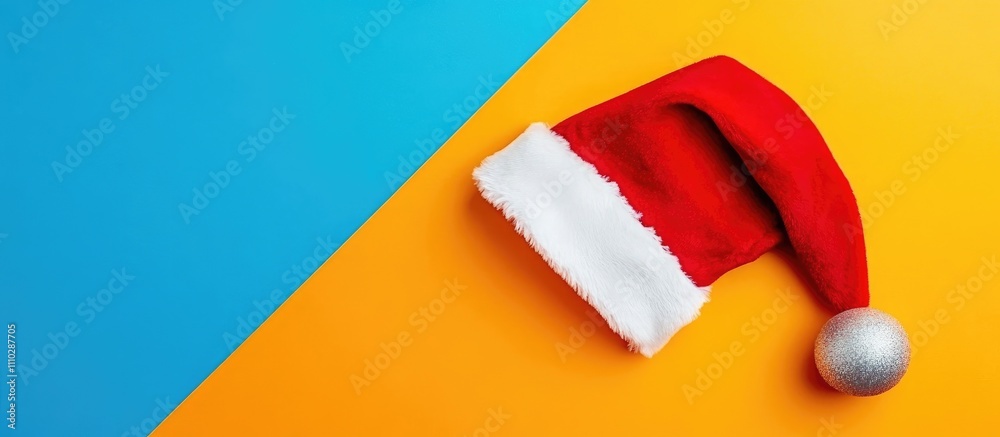 Festive Santa hat with decorative elements on vibrant blue and yellow background for holiday-themed designs and advertisements. Festive Santa hat with decorative elements on vibrant blue and yellow background for holiday-themed designs and advertisements.