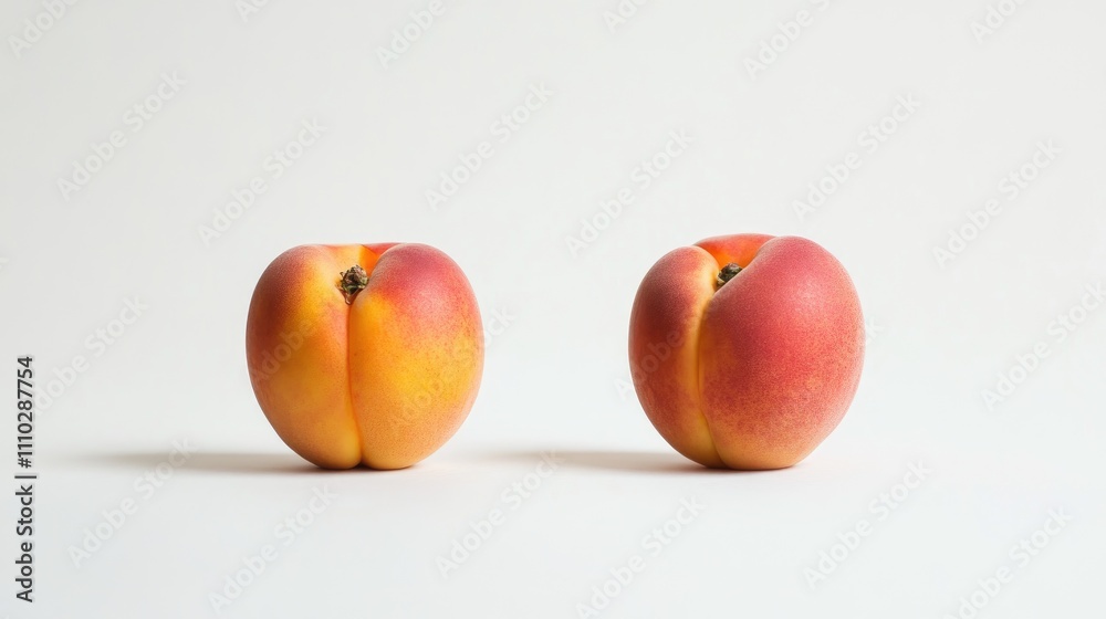 Ripe juicy peaches arranged elegantly on a plain white background showcasing freshness and natural beauty Ripe juicy peaches arranged elegantly on a plain white background showcasing freshness and natural beauty