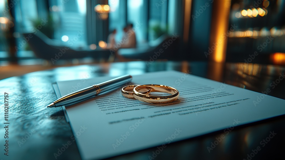 A close-up of wedding rings on a document, symbolizing commitment and love. A close-up of wedding rings on a document, symbolizing commitment and love.