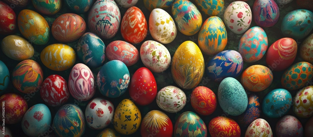 Colorful array of intricately painted Easter eggs creating a vibrant background for festive design and decoration purposes Colorful array of intricately painted Easter eggs creating a vibrant background for festive design and decoration purposes