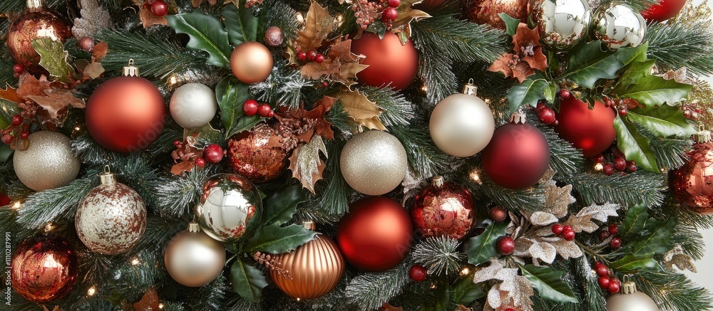 Fototapeta premium Festive arrangement of ornaments and decorations on a Christmas tree showcasing colorful baubles and natural elements for holiday spirit