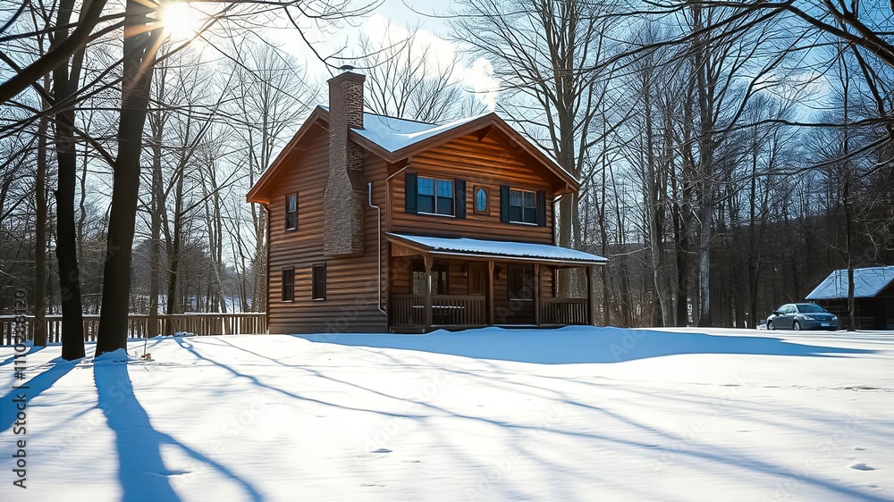 Rustic wooden cabin nestled in a snowy woodland setting, bathed in winter sunlight