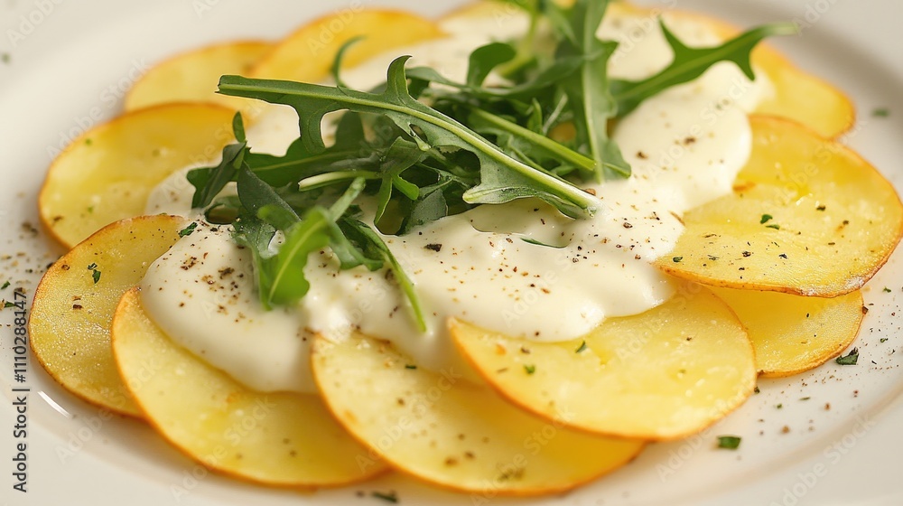 Sliced potatoes topped with creamy sauce and fresh arugula arranged beautifully on a white plate with a sprinkle of seasoning