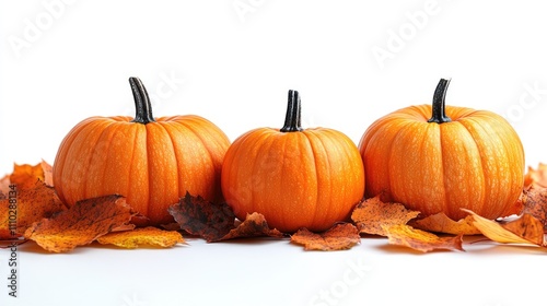 Halloween pumpkins surrounded by autumn leaves on a clean white background for seasonal decor and celebration themes. photo