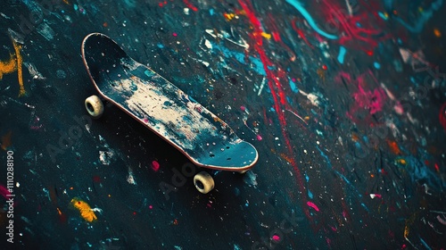 Reviving a Vintage Skateboard with Artistic Black and Colorful Paint Splashes photo