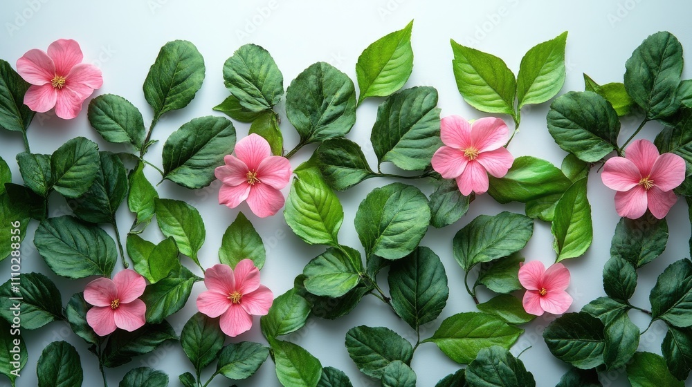 Green leaves and pink flowers arranged beautifully on a white background for a fresh and vibrant nature concept image Green leaves and pink flowers arranged beautifully on a white background for a fresh and vibrant nature concept image