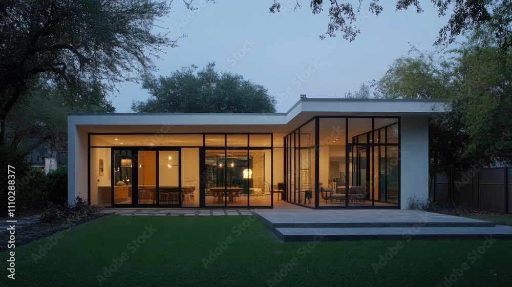 A minimalist L-shaped house in white-gray tones featuring large windows and stylish outdoor lighting for an evening ambiance A minimalist L-shaped house in white-gray tones featuring large windows and stylish outdoor lighting for an evening ambiance