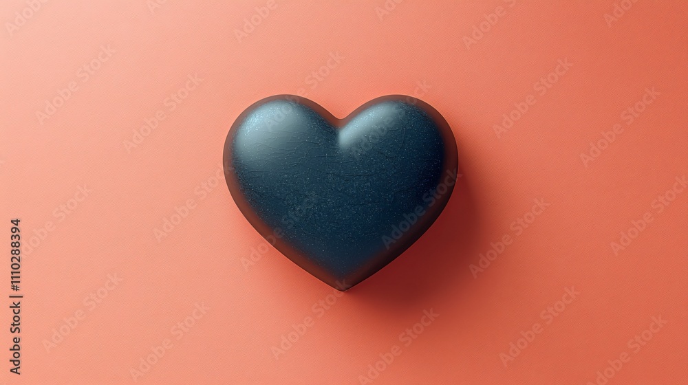 Minimalist black heart shape displayed on a flat surface with warm coral background Minimalist black heart shape displayed on a flat surface with warm coral background