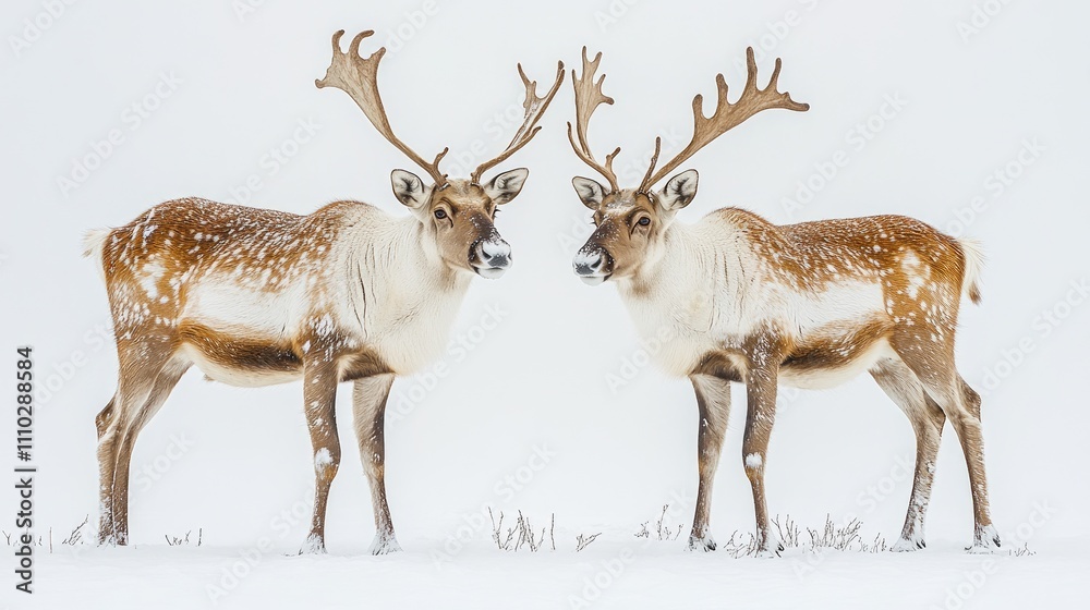 Caribou Displaying Majestic Antlers Against a Snowy Background in a Serene Winter Setting Caribou Displaying Majestic Antlers Against a Snowy Background in a Serene Winter Setting