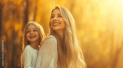 A photo of a cheerful mother smiling warmly. She is wearing a loose, flowy long dress and holding hands with her 4-year-old daughter,