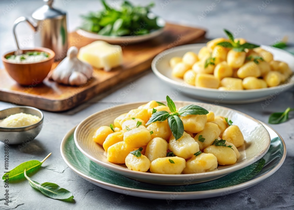 Delicious Italian Homemade Gnocchi with Butter, Cheese, and Sage Served in Elegant Plates on a Light Marble Table Perfect for Food Lovers and Culinary Enthusiasts