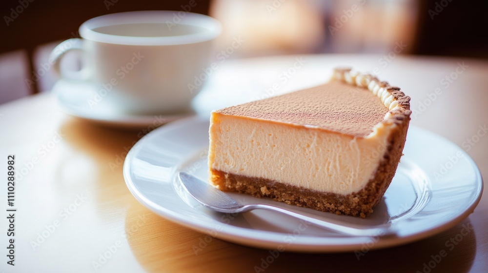 Cheesecake slice served on a plate with a cup of coffee in a cozy cafe setting Cheesecake slice served on a plate with a cup of coffee in a cozy cafe setting