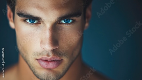 Intense portrait of a confident young male model with striking blue eyes and a chiseled jawline against a dark background.