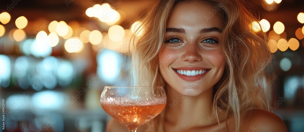 Smiling woman holding a cocktail with sparkling lights in the background at a lively party atmosphere. Smiling woman holding a cocktail with sparkling lights in the background at a lively party atmosphere.