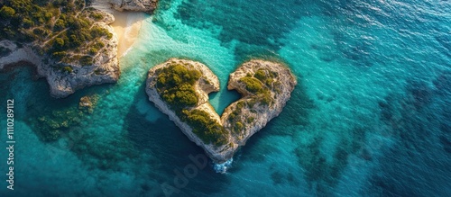 Aerial view of heart shaped rocky island surrounded by turquoise ocean water and coastline vegetation in tropical environment