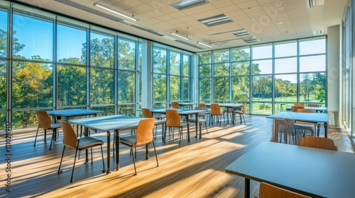 Bright and open office training room featuring ergonomic chairs, minimalist tables, and a wall of windows for abundant natural light