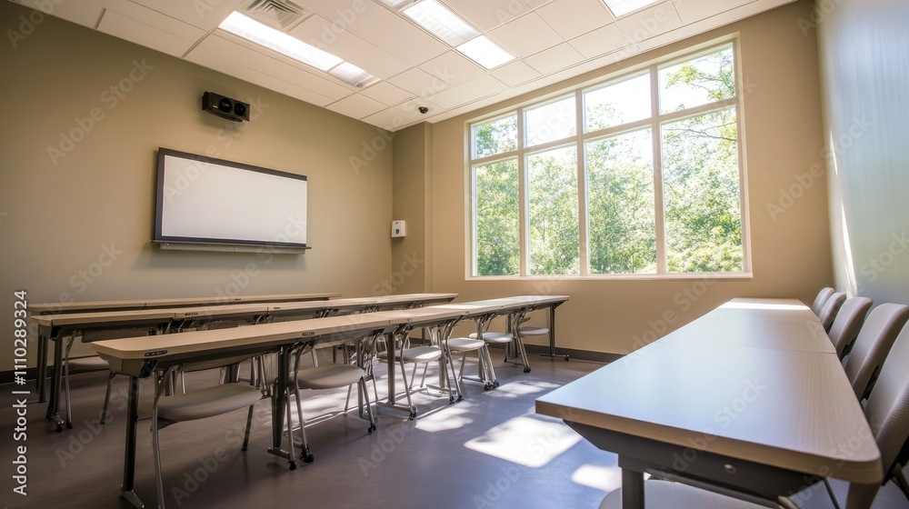 Classroom-style meeting room with versatile seating, clean lines, neutral-toned walls, and tall windows filling the space with soft daylight Classroom-style meeting room with versatile seating, clean lines, neutral-toned walls, and tall windows filling the space with soft daylight
