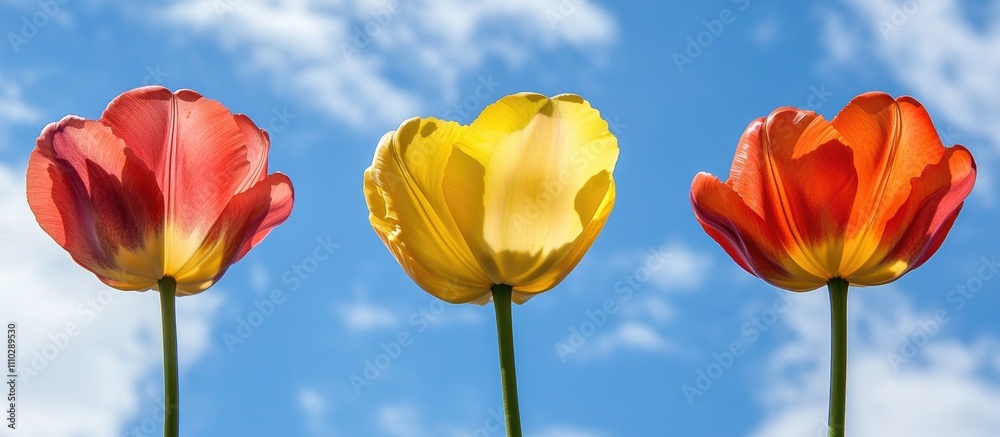 Obraz premium Vibrant tulips in yellow orange and coral against a bright blue sky showcasing nature's beauty on a sunny day