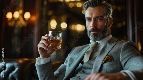 A well-dressed man enjoying a drink in a luxurious bar, wearing a tailored suit and holding a glass of whiskey.