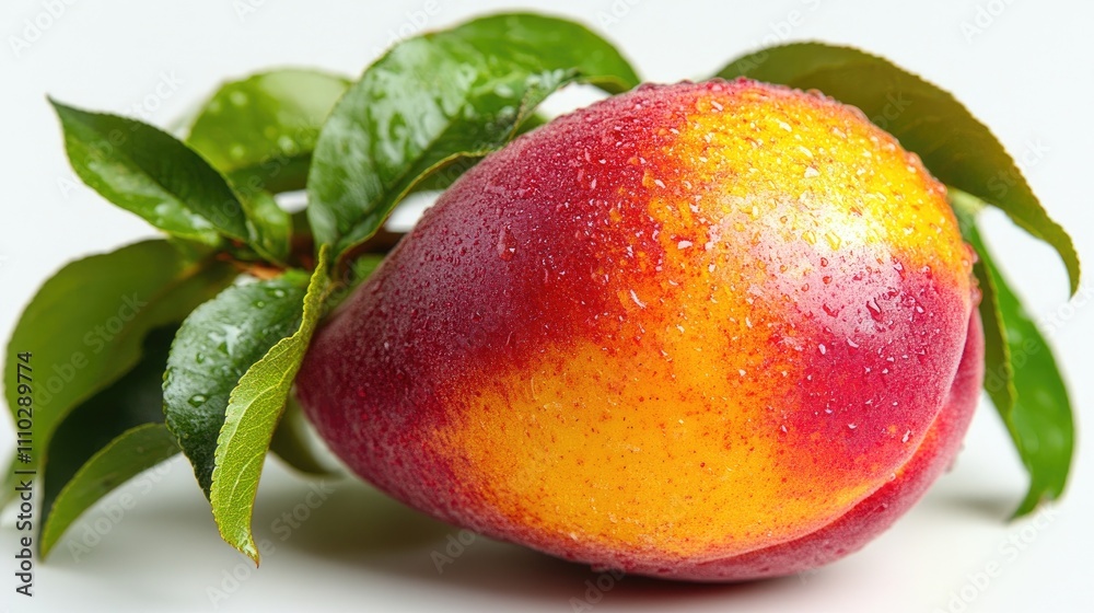 Ripe flat peach with vibrant yellow and red hues surrounded by fresh green leaves on a white background Ripe flat peach with vibrant yellow and red hues surrounded by fresh green leaves on a white background