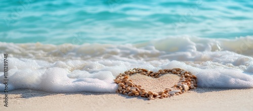 Handwritten love symbol formed with pebbles on sandy beach with gentle ocean waves creating a romantic seaside atmosphere photo