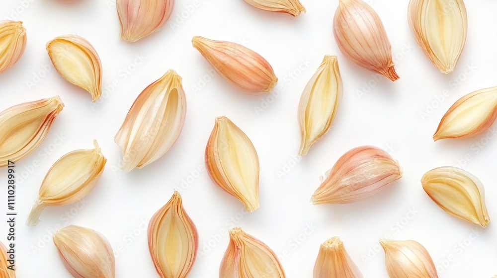 Sliced fresh shallots arranged on a white background showcasing their delicate layers and natural texture for culinary visuals. Sliced fresh shallots arranged on a white background showcasing their delicate layers and natural texture for culinary visuals.