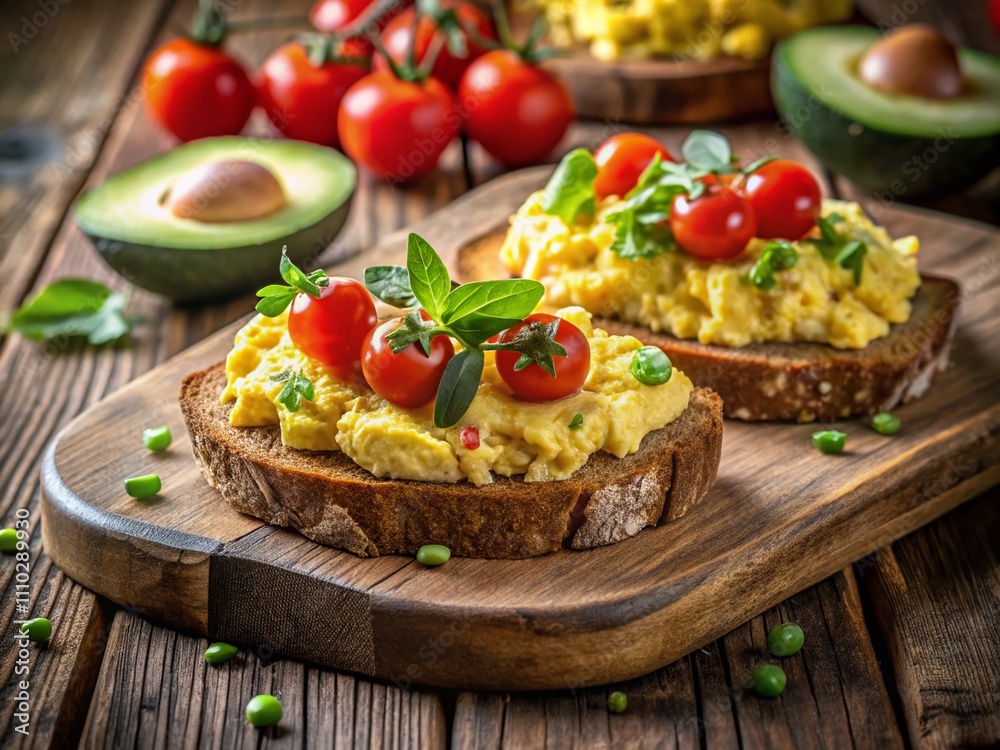 Delicious Scrambled Eggs on Whole Wheat Bread Topped with Creamy Avocado and Juicy Cherry Tomatoes for a Nutritious Breakfast Delight