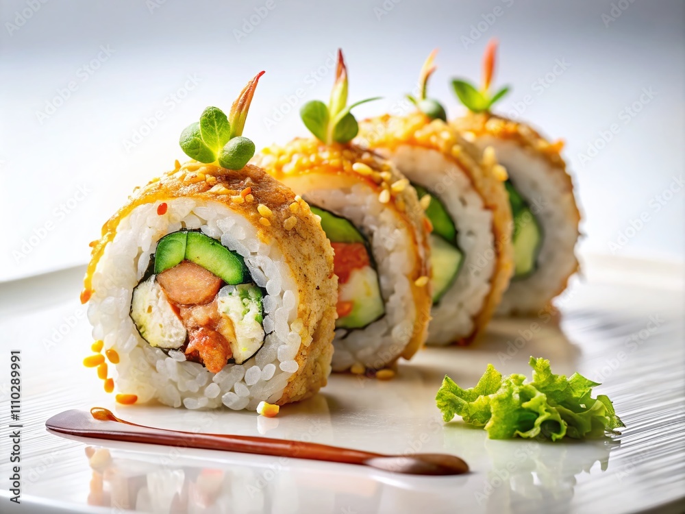 Delicious Shrimp Tempura Roll Isolated on White Background, Perfect for Food Photography, Culinary Presentations, Sushi Menus, and Asian Cuisine Promotions Delicious Shrimp Tempura Roll Isolated on White Background, Perfect for Food Photography, Culinary Presentations, Sushi Menus, and Asian Cuisine Promotions