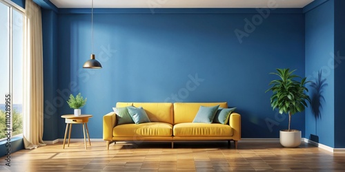 A modern living room with a bright yellow sofa and blue walls, featuring a natural light source from a large window and a minimalist end table