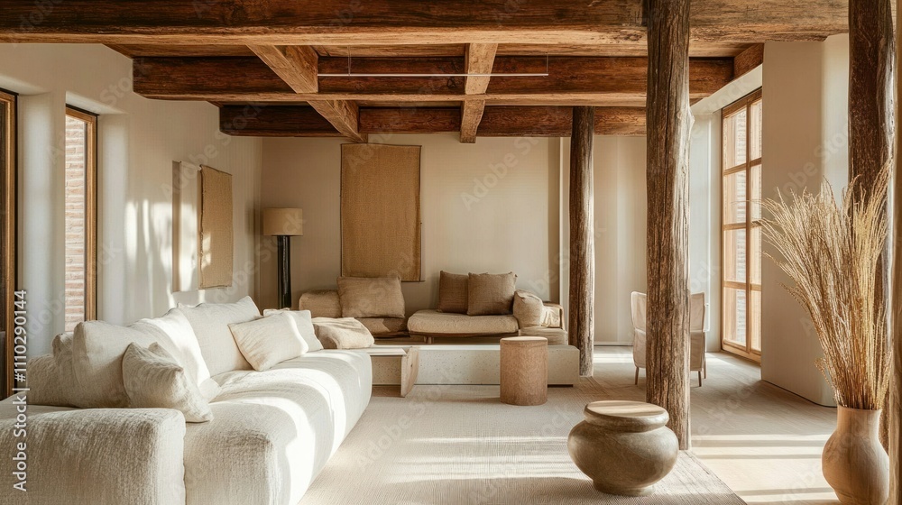 Living room featuring Japandi style with natural linen fabrics, wooden beams, and minimalist geometric decor Living room featuring Japandi style with natural linen fabrics, wooden beams, and minimalist geometric decor