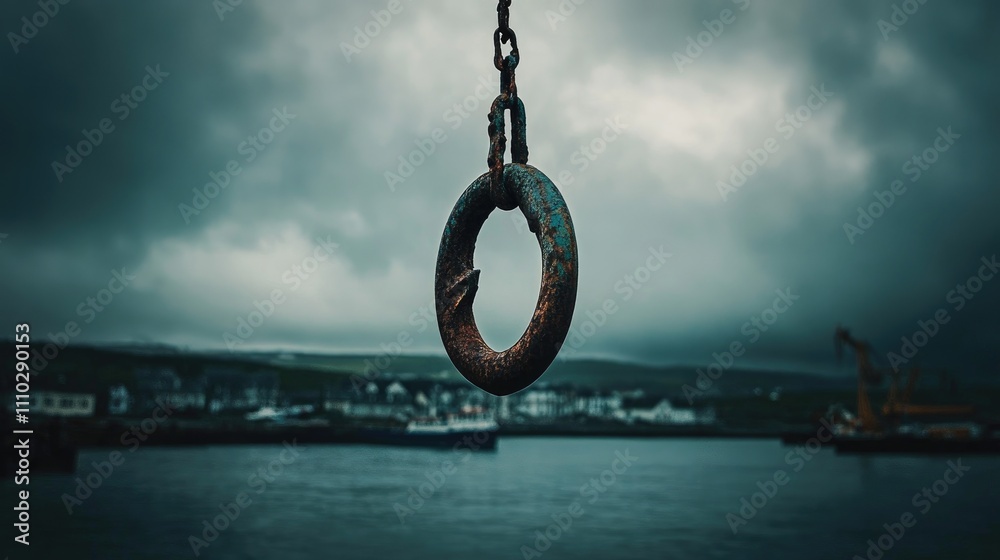 Rustic metal fishing hook suspended over a harbor with moody clouds and boats in the background creating a dramatic maritime atmosphere Rustic metal fishing hook suspended over a harbor with moody clouds and boats in the background creating a dramatic maritime atmosphere