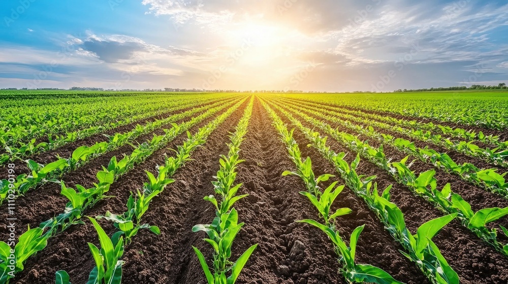 Lush green maize field under a bright blue sky with sunlight illuminating the rows of young plants in a fertile agricultural landscape Lush green maize field under a bright blue sky with sunlight illuminating the rows of young plants in a fertile agricultural landscape