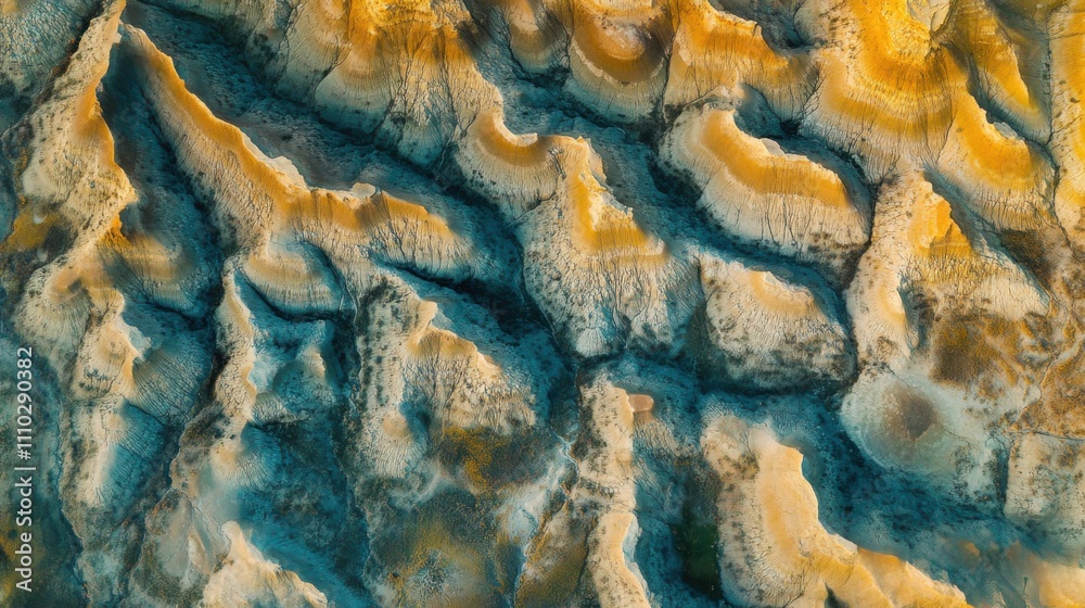 Unique geological patterns reveal vibrant textures and colors of an arid landscape at sunset