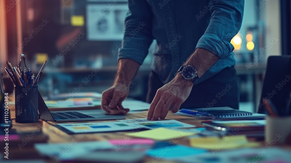 Man with Watch Working at a Desk with Papers, Pens, and Laptop Man with Watch Working at a Desk with Papers, Pens, and Laptop