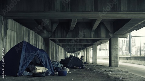 An urban homeless encampment under a highway overpass, highlighting the plight of homelessness in modern cities, minimalistic photography style