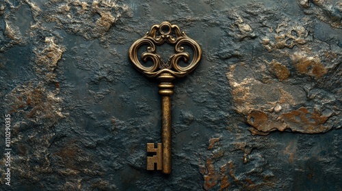 Close-up of a metallic key against a textured background, emphasizing its intricate details.