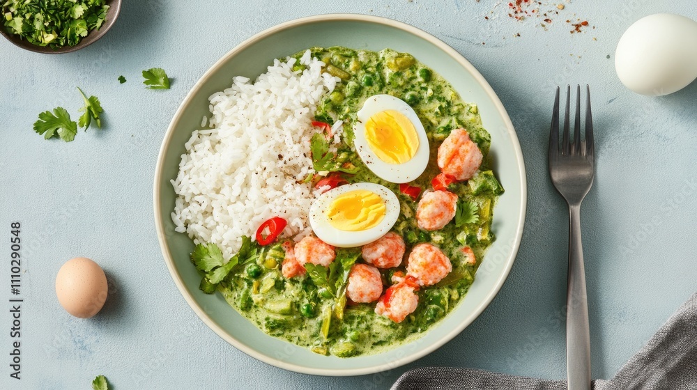 Delicious boiled eggs on rice with spicy fish ball green curry garnished with fresh herbs and red chili on a light background. Delicious boiled eggs on rice with spicy fish ball green curry garnished with fresh herbs and red chili on a light background.