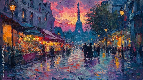 Vibrant evening stroll through a bustling Paris street under colorful skies