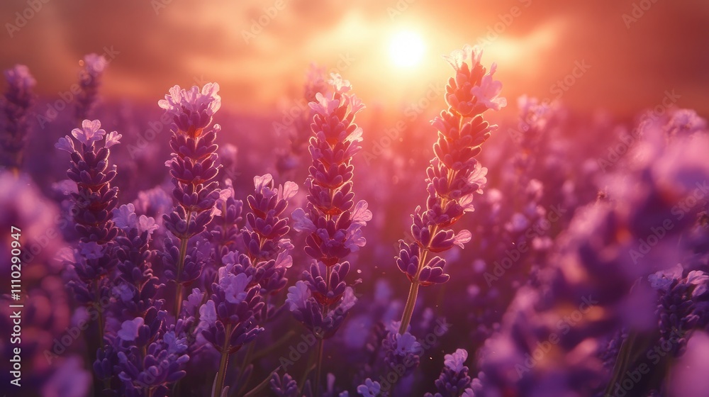 Lavender field at sunset showcasing vibrant lavender flowers in bloom under a golden sky picturesque floral landscape background Lavender field at sunset showcasing vibrant lavender flowers in bloom under a golden sky picturesque floral landscape background