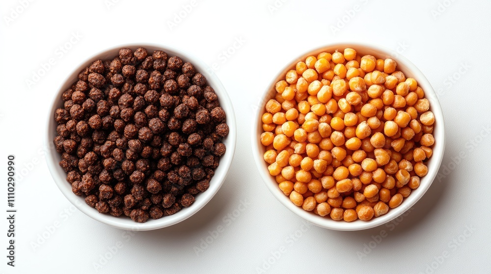 Peanut and corn puffs in white bowls isolated on a clean background showcasing contrast between dark and light textured snacks Peanut and corn puffs in white bowls isolated on a clean background showcasing contrast between dark and light textured snacks