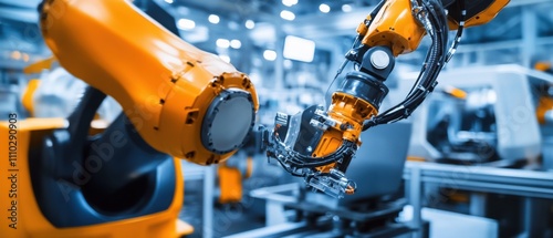 A maintenance technician inspecting robotic assembly arms in an automotive manufacturing plant, with robotic arms and diagnostic tools visible, Robotic arm inspection scene