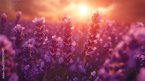 Lavender field at sunset showcasing vibrant lavender flowers in bloom under a golden sky picturesque floral landscape background